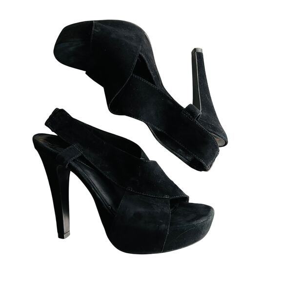 DVF Suede Criss Cross Open Toe Heel 6 Black Sandal Chunky Dance Party - Picture 2 of 7